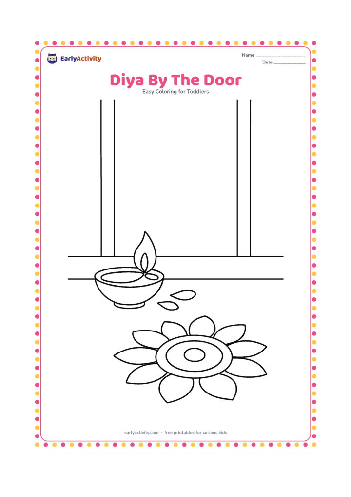 Colouring page: A small clay diya with a bright flame sits on a simple doorstep beside two flower petals. Show a plain doorway and a small rangoli made from large circles and petals, with no symbols or…