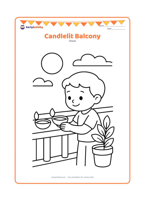 Colouring page: A child places three large diyas along a safe balcony ledge while a potted plant sits nearby. Show a simple Indian apartment balcony and a darkening sky with a large moon.