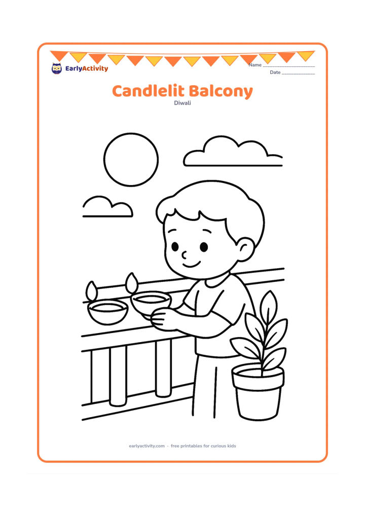 Colouring page: A child places three large diyas along a safe balcony ledge while a potted plant sits nearby. Show a simple Indian apartment balcony and a darkening sky with a large moon.