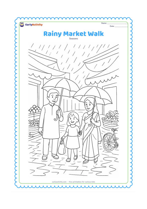 Colouring page: A family walks through a covered Indian market lane during rain, carrying umbrellas and a cloth shopping bag. Show vegetable baskets, awnings, wet paving stones, puddles, a bicycle, and…