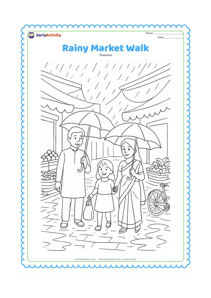 Colouring page: A family walks through a covered Indian market lane during rain, carrying umbrellas and a cloth shopping bag. Show vegetable baskets, awnings, wet paving stones, puddles, a bicycle, and…