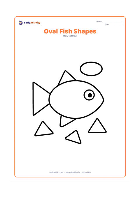 Worksheet: Show a large fish assembled from a clear oval body, triangle tail, round eye, and two triangle fins. Include a few separate pale shape guides around the fish for children to copy, with…