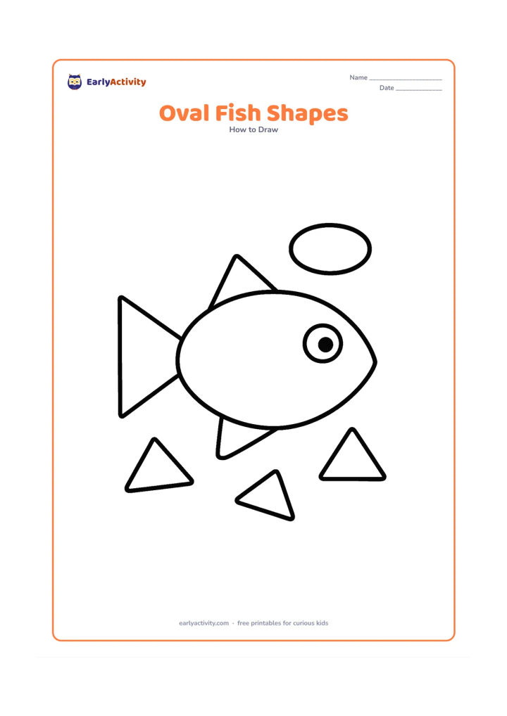 Worksheet: Show a large fish assembled from a clear oval body, triangle tail, round eye, and two triangle fins. Include a few separate pale shape guides around the fish for children to copy, with…