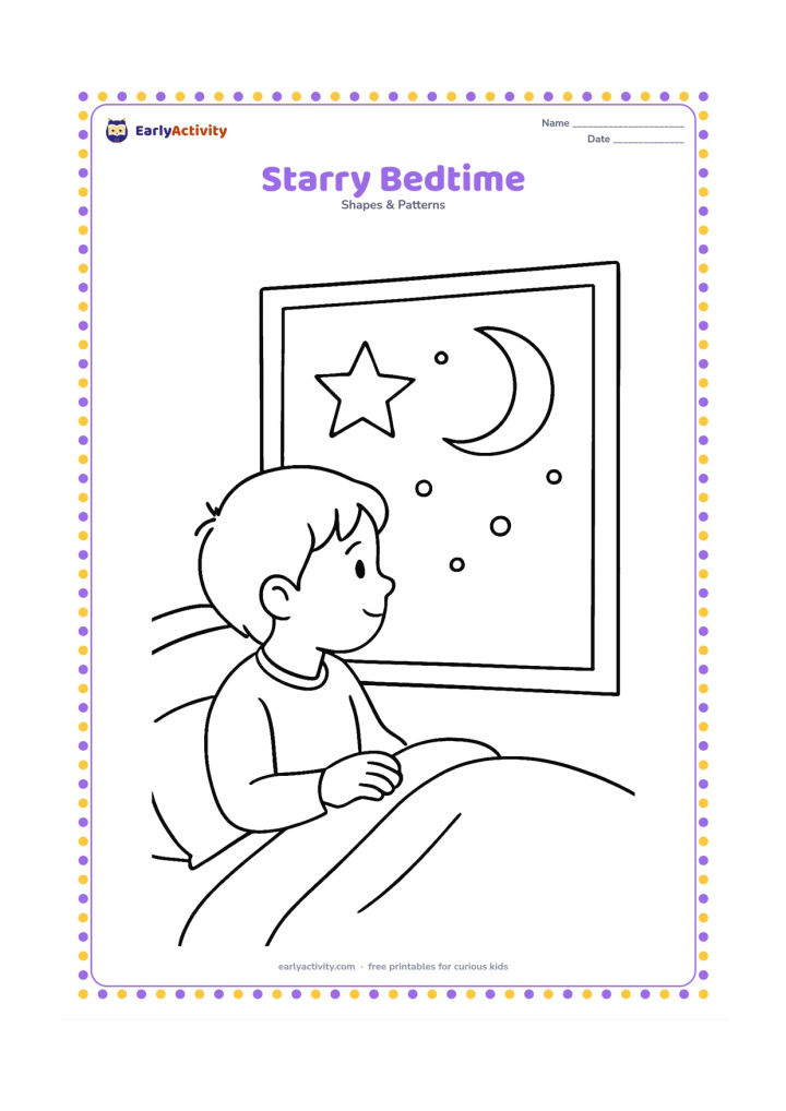 Colouring page: A child in bed looks through a window at one large five-point star, a crescent moon and a few round dot stars in the night sky.