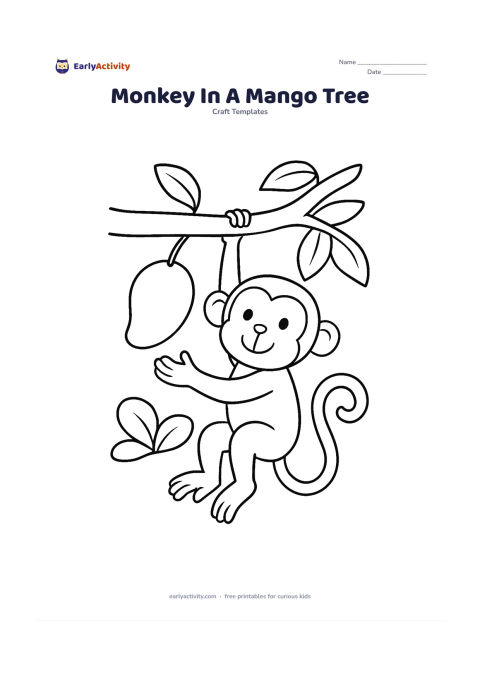 Worksheet: Draw a monkey hanging by one arm and its curled tail from a thick mango-tree branch, reaching toward one large mango. Include two broad leaves and a few additional rounded leaves behind…