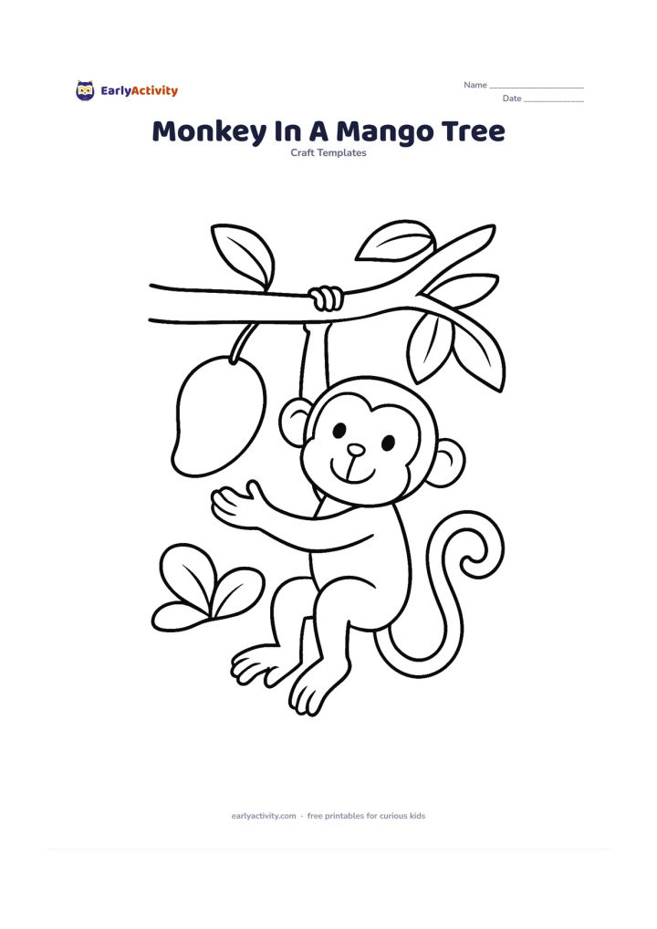 Worksheet: Draw a monkey hanging by one arm and its curled tail from a thick mango-tree branch, reaching toward one large mango. Include two broad leaves and a few additional rounded leaves behind…