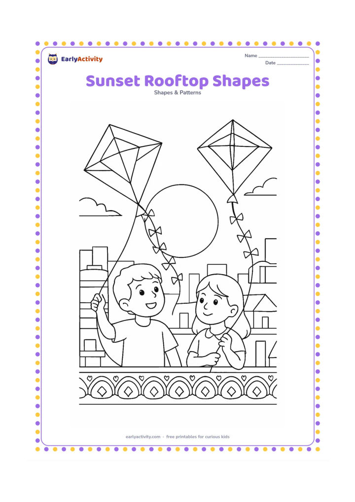Colouring page: Draw two children flying geometric kites from an Indian rooftop at sunset, with detailed diamond kite panels, repeating string bows, patterned parapet tiles, water tanks, and distant…