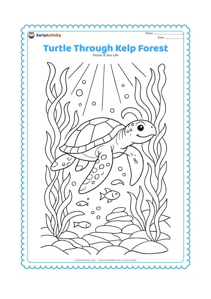 Colouring page: Draw a sea turtle weaving through tall kelp, with curling leaves, layered rocks, tiny fish, bubbles, and beams of light from the surface.