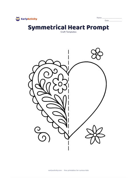 Worksheet: Draw the left half of an ornate heart design with visible but simple symmetry guide marks along the centre, plus a few small decorative motifs outside the heart for children to mirror.…
