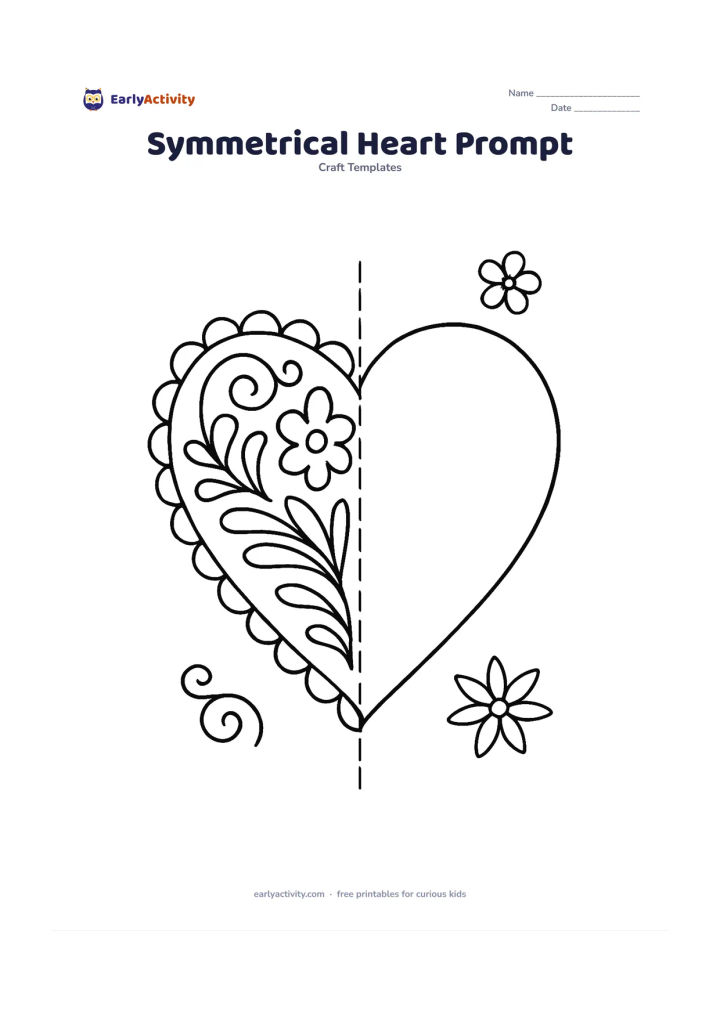 Worksheet: Draw the left half of an ornate heart design with visible but simple symmetry guide marks along the centre, plus a few small decorative motifs outside the heart for children to mirror.…