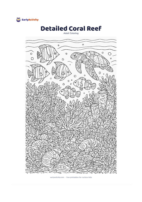 Colouring page: A wide underwater reef scene contains angelfish, clownfish-like reef fish without character styling, a sea turtle, sea fans, anemones, sponges, shells and layered coral. Build the…