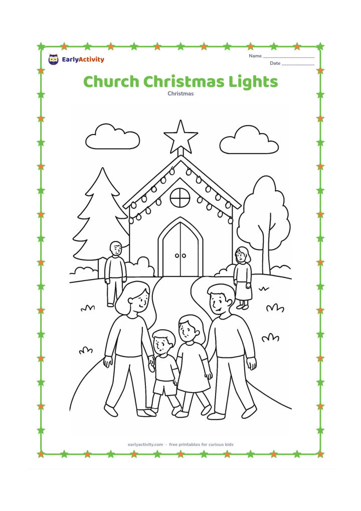Colouring page: Draw a family walking toward a welcoming church decorated with lights and a large star, with trees, a pathway and a few community members nearby.