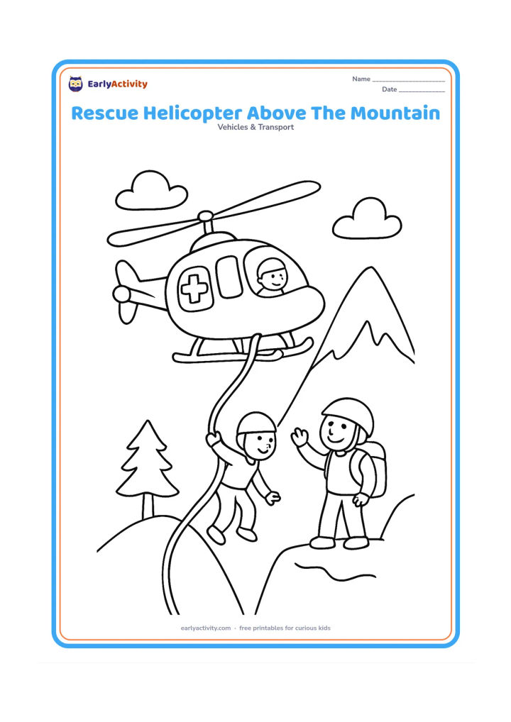 Colouring page: Draw a rescue helicopter hovering beside a mountain while a rescuer lowers a rope toward a safe, smiling hiker on a ledge. Add clouds and a small pine tree.