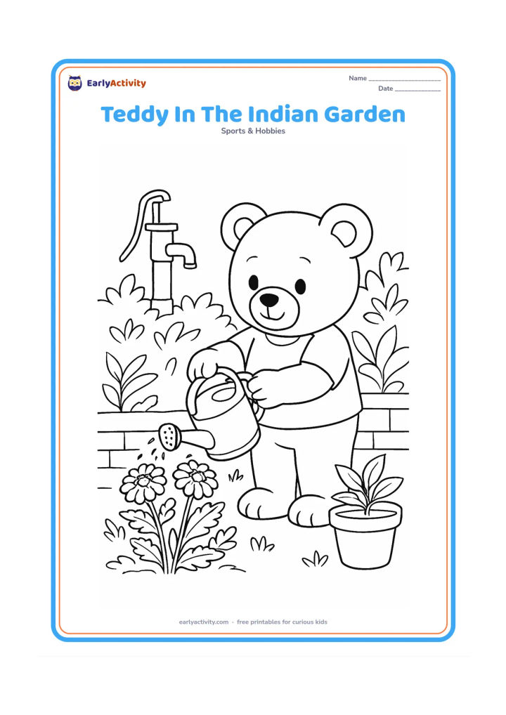 Colouring page: A teddy bear waters marigold flowers in a garden with a low boundary wall, leafy plants and a simple clay pot. Include a small hand pump in the background as an everyday Indian garden…