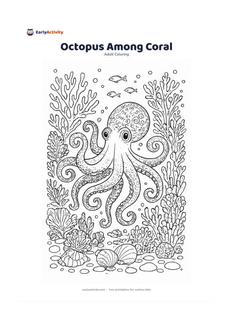 Colouring page: Draw an octopus resting among coral and sea plants, with all eight arms curling in different directions around shells and smooth pebbles. Add small fish, bubbles, sea fans and varied…