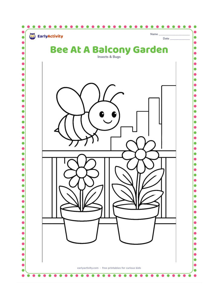 Colouring page: A bee hovers beside flowering pots on an apartment balcony, with a railing, two pots and a distant skyline of simple building shapes. Keep the bee and flowers in the foreground.