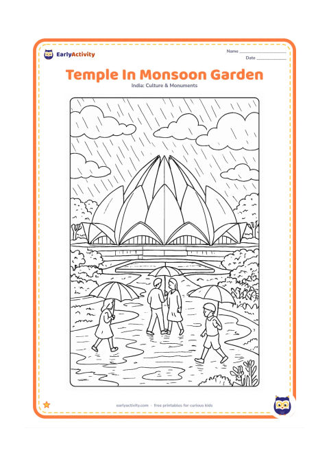 Colouring page: Draw the Lotus Temple during the rainy season with layered clouds, falling rain, puddles, lush trees, flowering plants, umbrellas, and visitors moving along wet paths. Include the pools…