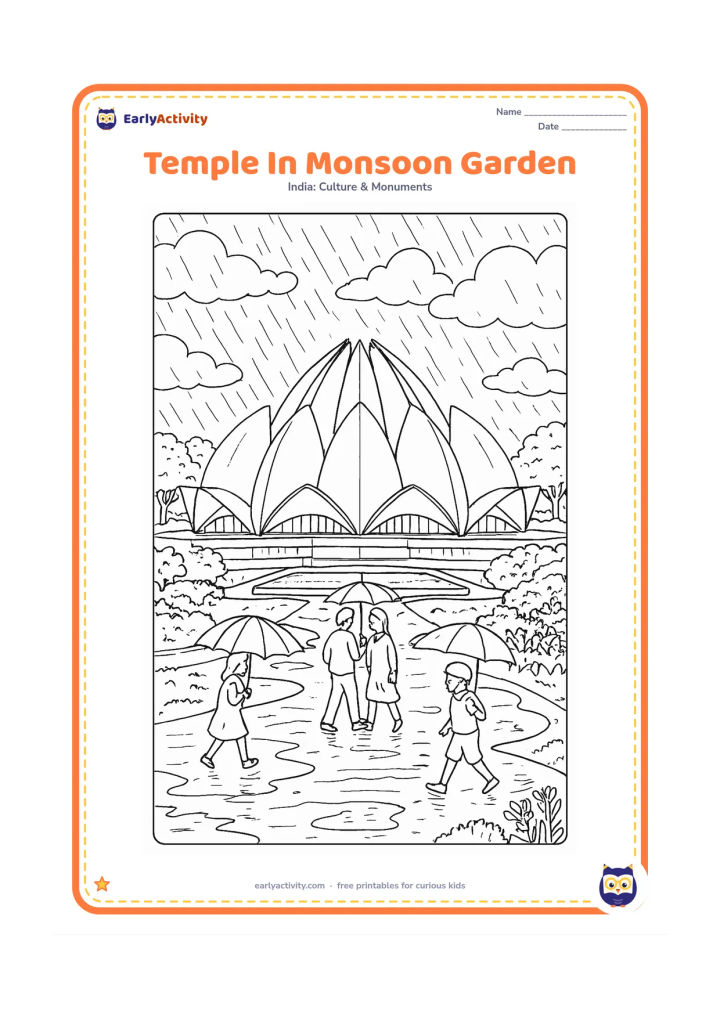 Colouring page: Draw the Lotus Temple during the rainy season with layered clouds, falling rain, puddles, lush trees, flowering plants, umbrellas, and visitors moving along wet paths. Include the pools…