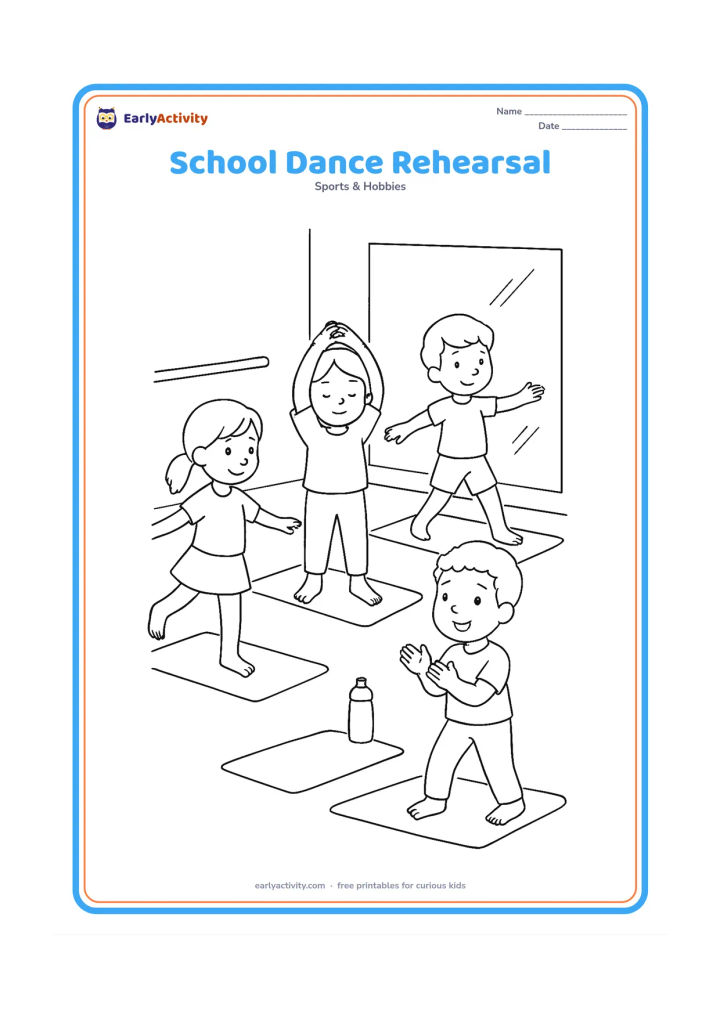 Colouring page: Draw four children rehearsing different dance poses in a classroom, with one child balancing, one stretching, one turning and one clapping a rhythm. Add floor mats, a water bottle and a…