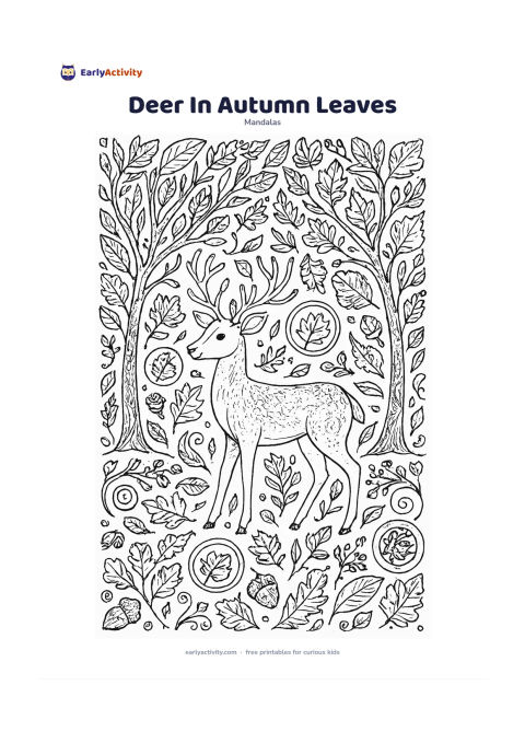 Colouring page: Show a gentle deer standing in profile at the centre beneath branching trees. Arrange autumn leaves, acorns, curled twigs, seed pods, and circular woodland patterns around its body,…
