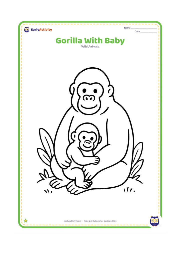Colouring page: An adult gorilla sits with a baby gorilla cuddled against its belly. Place them on a simple grassy patch with one broad plant on each side.