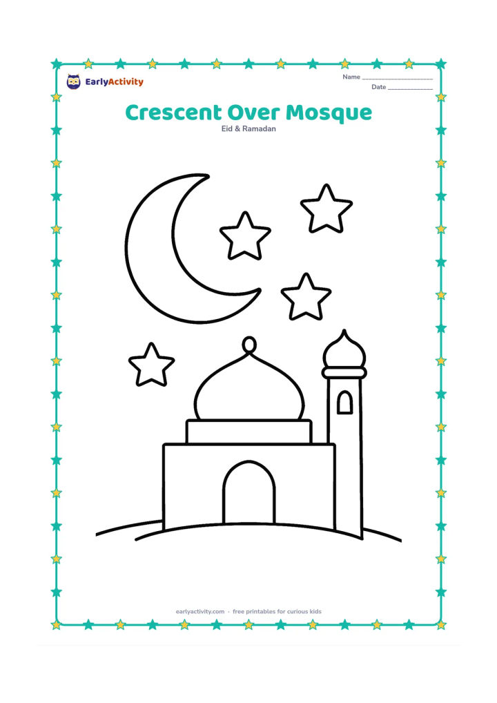 Colouring page: A large crescent moon above a simple mosque with one dome, a short minaret, and a few large stars. Place the mosque on a gentle ground line with plenty of open space.
