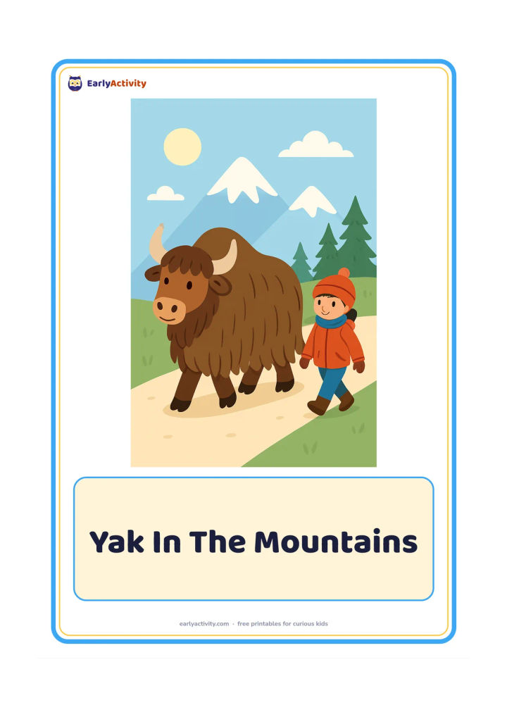 Flashcard: Draw a shaggy yak walking along a mountain path with a child in warm clothing following at a safe distance. Add snowy peaks, pine trees and a clear early-morning sky.