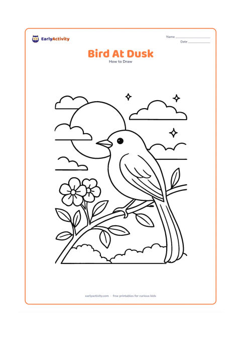Worksheet: A bird with a long curved tail perches on a flowering branch against a large setting sun, with layered clouds, distant treetops and a few visible stars. Include a rounded body, folded…