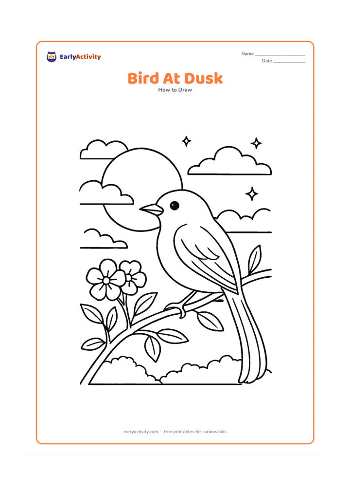 Worksheet: A bird with a long curved tail perches on a flowering branch against a large setting sun, with layered clouds, distant treetops and a few visible stars. Include a rounded body, folded…
