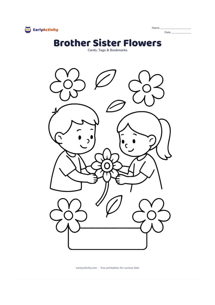 Worksheet: Show a brother and sister facing each other and holding one large flower-shaped rakhi between them, surrounded by five big flowers and leaves. Place a plain message area along the bottom.