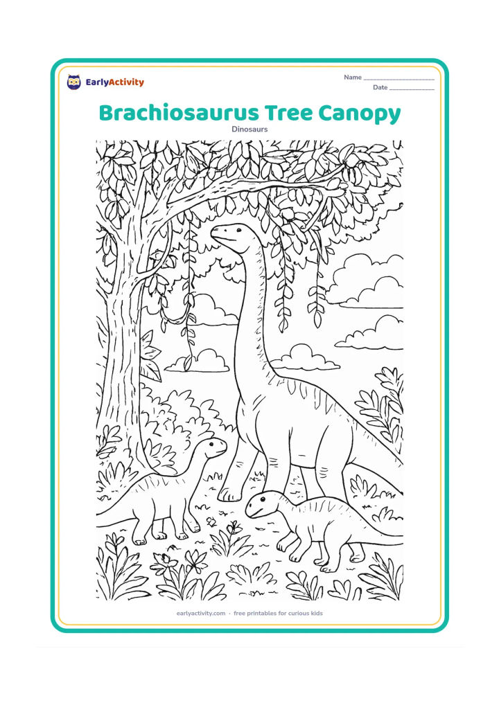 Colouring page: A Brachiosaurus reaches high into a thick tree canopy while two smaller herbivorous dinosaurs feed below. Include overlapping branches, leaves, vines, flowers and dappled open sky.