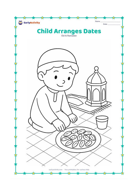 Colouring page: A child places dates in a neat circle on a plate beside a prayer mat, a lantern, and a small cup on a patterned floor.