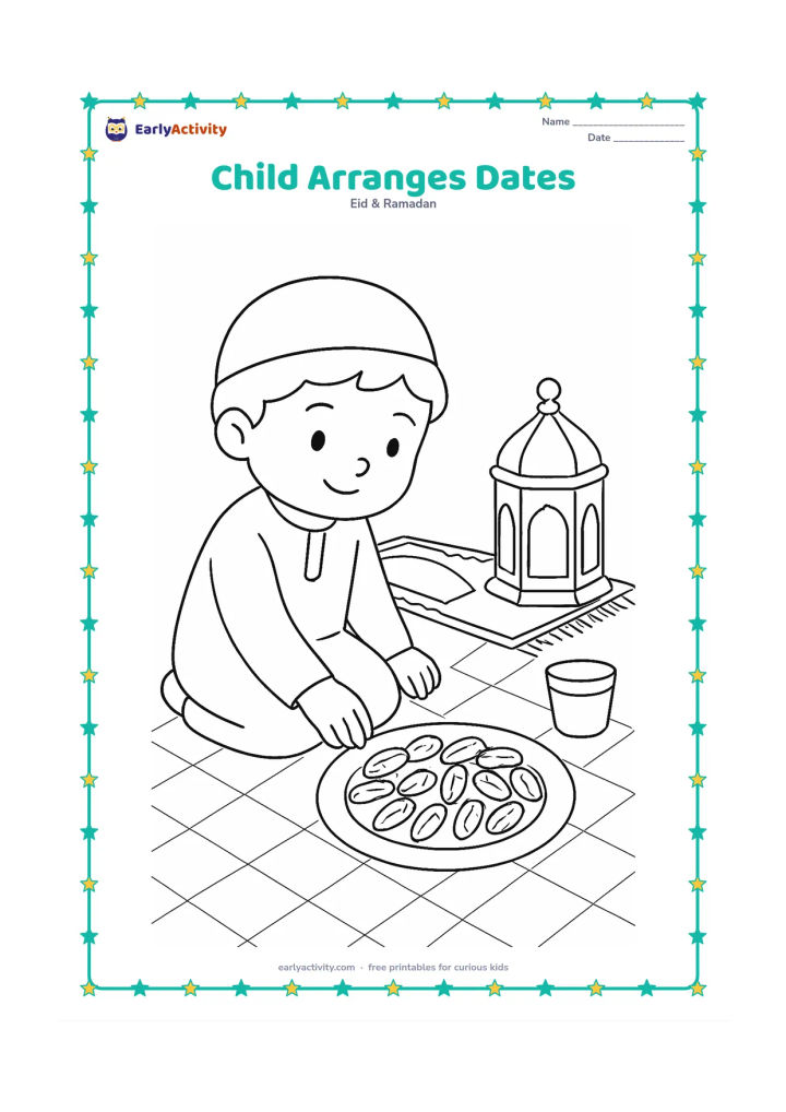 Colouring page: A child places dates in a neat circle on a plate beside a prayer mat, a lantern, and a small cup on a patterned floor.
