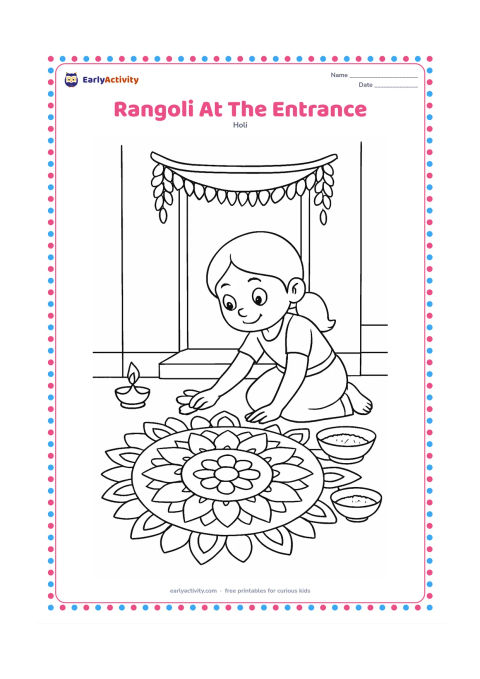 Colouring page: A child carefully adds petal shapes to a detailed rangoli outside an Indian home entrance. Include a threshold, hanging garland, small lamp shapes and bowls of coloured powder.