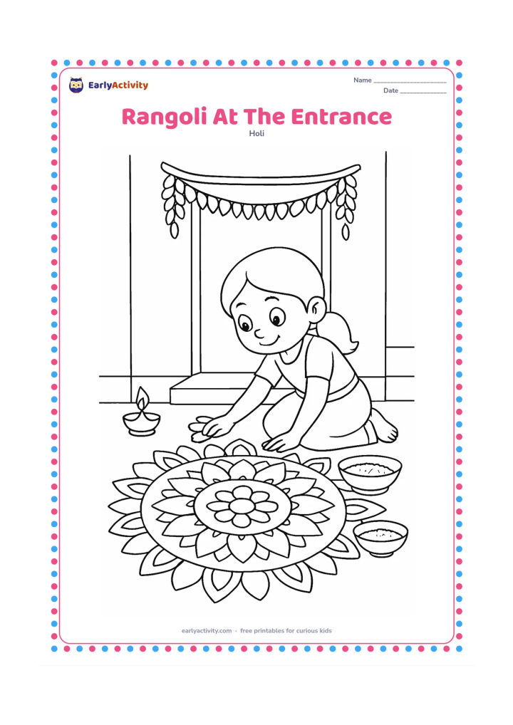 Colouring page: A child carefully adds petal shapes to a detailed rangoli outside an Indian home entrance. Include a threshold, hanging garland, small lamp shapes and bowls of coloured powder.