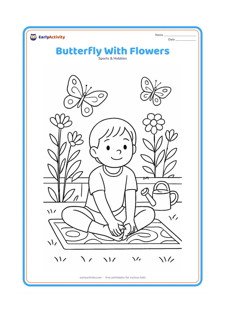 Colouring page: A child sits in butterfly stretch on a patterned mat while two real butterflies fly among tall garden flowers nearby. Include leaves, a low garden wall and a watering can.
