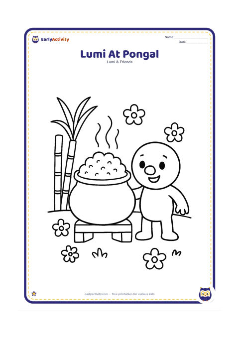 Colouring page: Lumi stands beside a large traditional cooking pot with a simple rice dish rising from it. Add two sugar-cane stalks, a few flowers and a low outdoor cooking area.