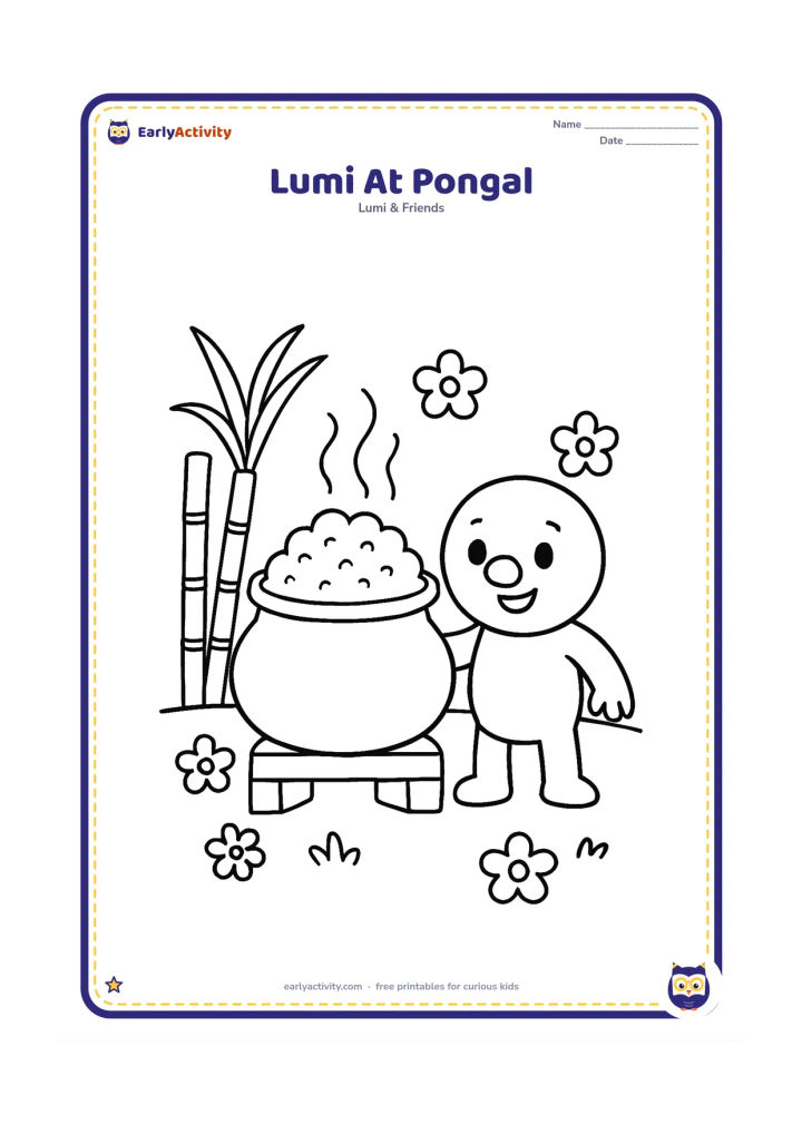 Colouring page: Lumi stands beside a large traditional cooking pot with a simple rice dish rising from it. Add two sugar-cane stalks, a few flowers and a low outdoor cooking area.