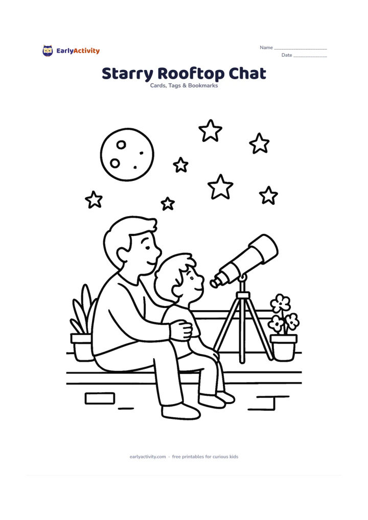 Worksheet: Draw a father and child sitting together on a safe rooftop terrace at evening, looking at the moon and stars with a small telescope nearby. Add potted plants and a low parapet, leaving a…