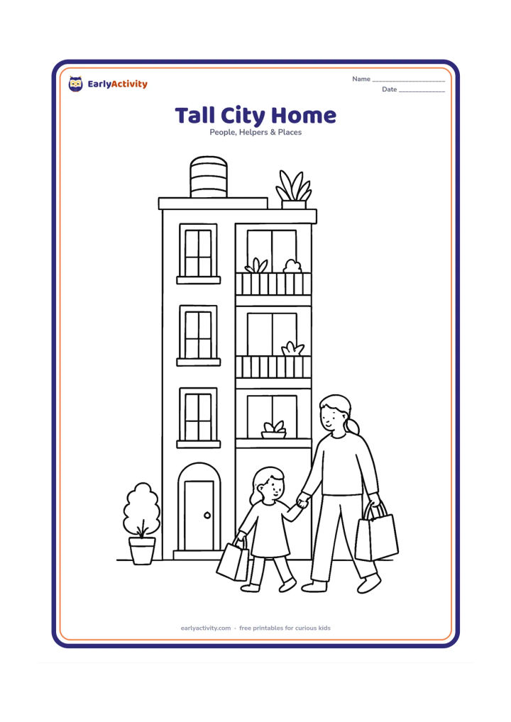 Colouring page: Draw a tall narrow urban house with several floors, a front entrance, balconies, windows, rooftop water tank and potted plants. Show a parent and child arriving at the entrance with…