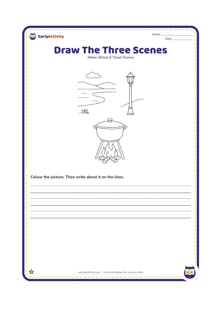 Printable: Create a detailed three-part drawing page with one open area for the lake, one for the distant lamp, and one for Birbal's raised cooking pot above the fire. Show faint scene starters…