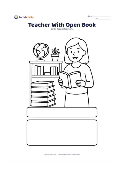 Worksheet: A smiling teacher stands beside a tall stack of books and holds an open book toward the viewer, with a blank name-line panel and a separate large writing panel integrated into the card…