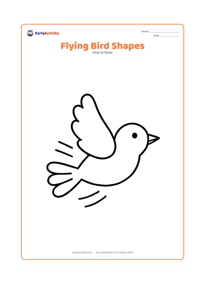 Worksheet: A bird flying across the page with both wings spread wide, made from a large oval body, a round head, a pointed beak and a fan-shaped tail. Add three simple curved motion lines behind…