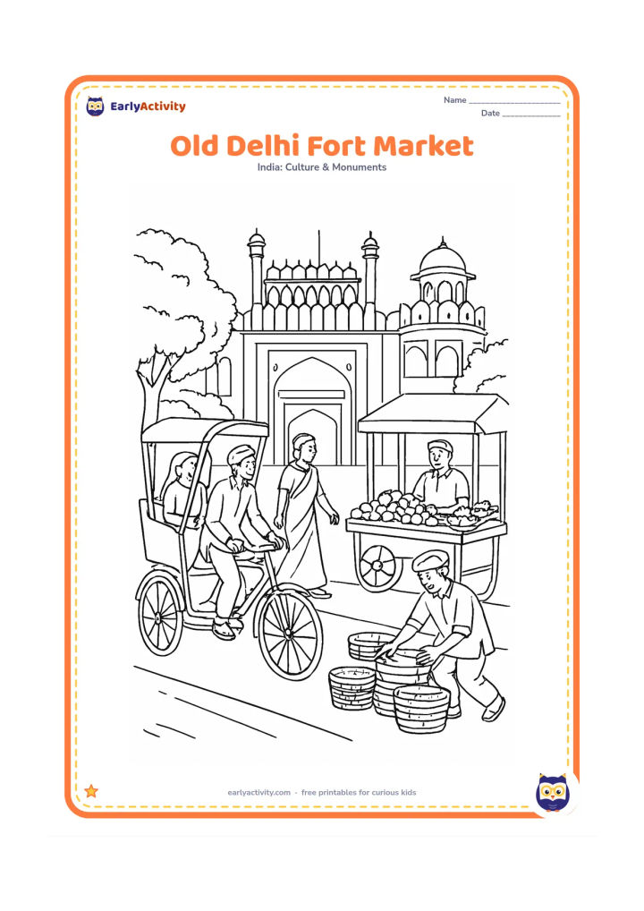 Colouring page: Place the Red Fort gate behind a lively but orderly Old Delhi scene with a cycle rickshaw, covered fruit cart, street trees, pedestrians and a vendor arranging baskets. Keep all stalls…