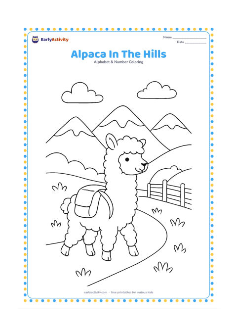Colouring page: Draw a friendly alpaca walking along a hillside path with a small backpack, surrounded by mountain slopes, clouds, and tufts of grass. Add a simple wooden fence behind it.