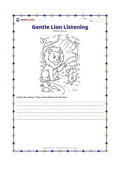 Printable: The lion sits with his paw lifted while the mouse stands confidently before him, explaining that he may help someday. Place them beside a forest path with rocks, grass and sunbeams…