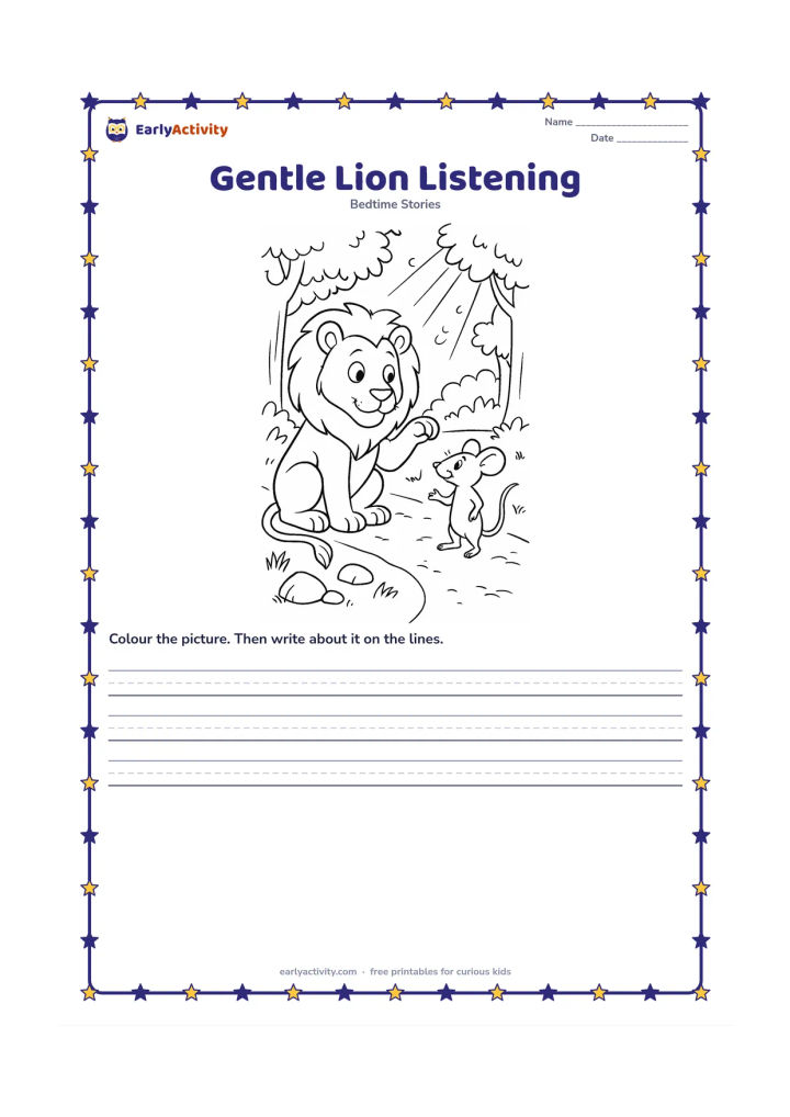 Printable: The lion sits with his paw lifted while the mouse stands confidently before him, explaining that he may help someday. Place them beside a forest path with rocks, grass and sunbeams…