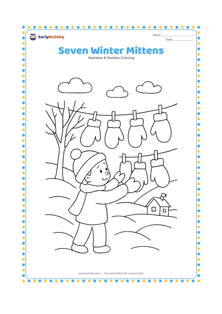 Colouring page: Draw exactly seven large mittens hanging from a clothesline in a cool winter scene, with a child placing one mitten on the line. Add a bare tree, soft snowbanks and a small house in the…