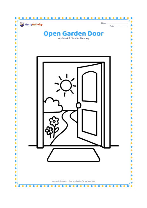 Colouring page: A wide open door leads from a plain room into a sunny garden with a path, one bush and two flowers. A small doormat sits in front of the doorway.