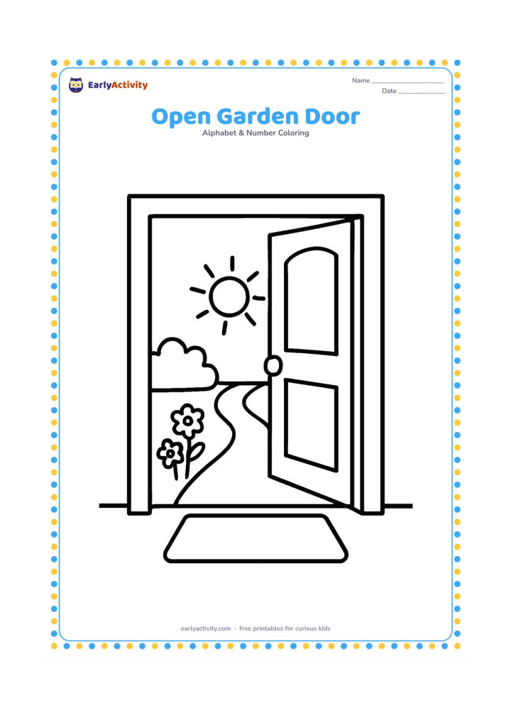 Colouring page: A wide open door leads from a plain room into a sunny garden with a path, one bush and two flowers. A small doormat sits in front of the doorway.